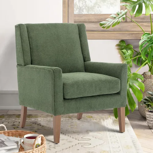 Vista 12 de COLAMY Silla moderna de ala para sala de estar, sillón tapizado de tela, sofá individual con asiento de salón y patas de madera para Beige