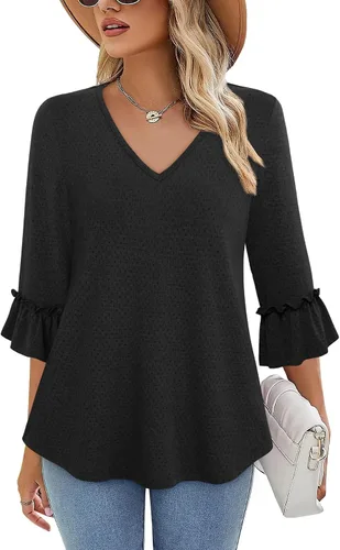 Vista 2 de Messic Blusas para mujer, estilo casual, manga acampanada de 34, cuello en V, túnica