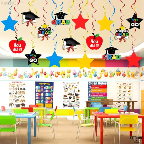 Vista 9 de KatchOn, 30 espirales colgantes de graduación de jardín de infantes, sin bricolaje Coloridas graduaciones preescolares para decoraciones