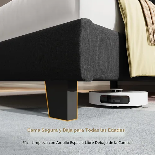 Vista 4 de iPormis Base de cama tamaño twin, cama de plataforma tapizada con cabecera de lino vertical, patas de cama anchas y soporte de listones de madera
