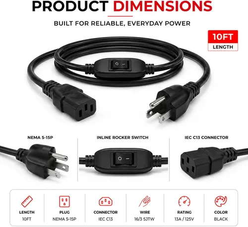 Vista 4 de Cable de alimentación NEMA 5-15P a IEC C13 de 10 pies con interruptor basculante, 16/3 SJTW, 13 amperios 125 voltios, computadora, monitor