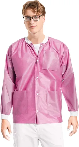 Vista 51 de Paquete de 10 chaquetas desechables de laboratorio, chaqueta médica reutilizable hasta la cadera, unisex, con puños de punto y bolsillos