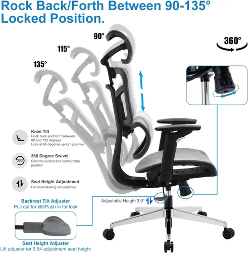 Vista 5 de Silla ergonómica de oficina con respaldo alto, silla de escritorio de oficina en casa, silla de malla con respaldo ajustable, silla de computadora