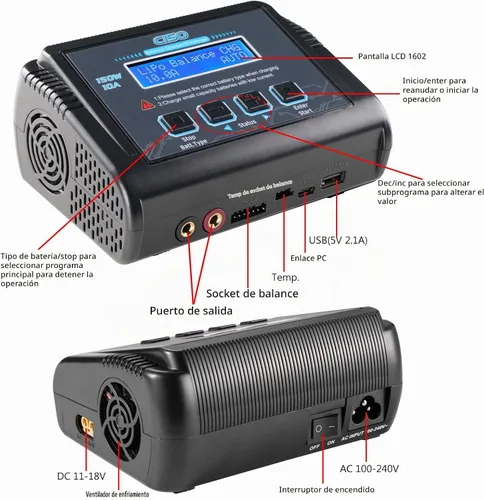 Vista 4 de Cargador LiPo, 150W 10A Cargador de batería de equilibrio rápido para RC Negro