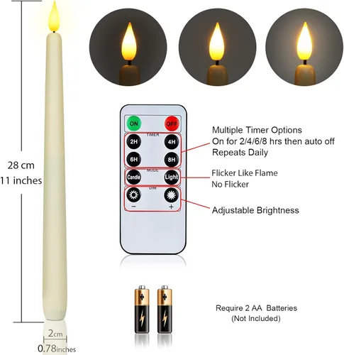 Vista 2 de Homemory - 12 piezas de velas cónicas sin llama con temporizador remoto y atenuador, velas cónicas de 11 pulgadas marfil operadas con batería