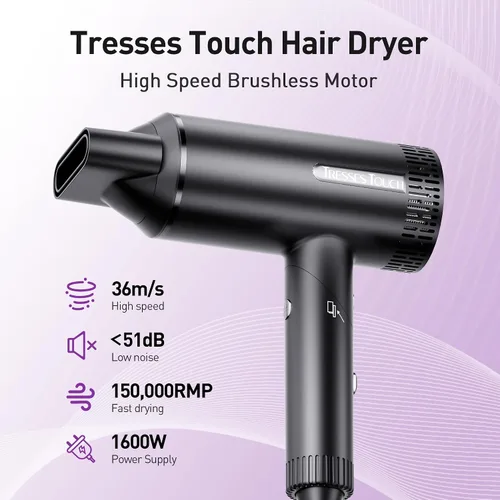 Vista 5 de Secador de pelo, secador iónico de alta velocidad, potente motor de 1600 vatios para secado rápido y cabello lacio y ondulado, plegable, ligero