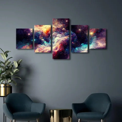 Vista 2 de Pintura en lienzo colorida para sala de estar, 5 paneles, impresiones abstractas sobre lienzo, arte de pared para sala de estar, dormitorio