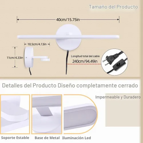 Vista 7 de MantoLite - Luces de tocador enchufables, accesorios de iluminación de baño sobre espejo Blanco