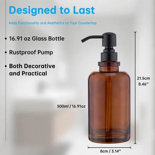 Vista 5 de Amber Glass Soap Dispenser,17oz, Black Pump Refillable, 304 Stainless Steel Pump, Liquid Hand Soap Dispenser, Bathroom Kitchen Sink Vanity