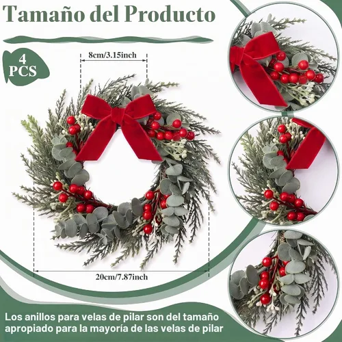 Vista 4 de 4 mini coronas de Navidad de 8 pulgadas para gabinete de cocina, anillos de vela de Navidad, coronas, pilares de puerta delantera/centros de mesa
