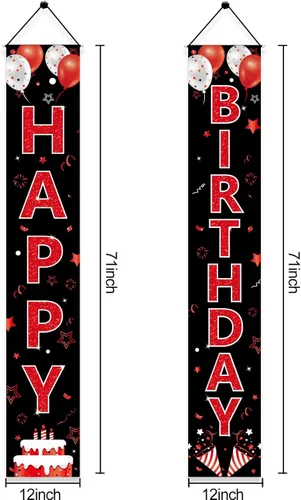 Vista 2 de Cartel de cumpleaños rojo y negro para puerta de cumpleaños para hombres y mujeres, letrero de feliz cumpleaños rojo y negro, suministros de fiesta