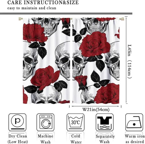 Vista 2 de Cortinas de cabeza de calavera, calavera blanca y rosas rojas con ramas y hojas negras, cortinas opacas decorativas para sala de estar, dormitorio