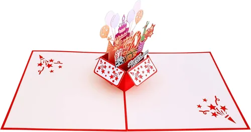 Vista 5 de iGifts And Cards Tarjeta de felicitación emergente 3D con caja de fiesta de cumpleaños número 50 color rojo – Cincuenta, impresionante, globos