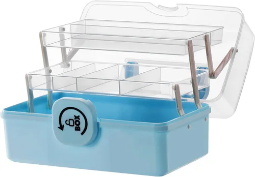 Vista 2 de Sooyee Organizadores y almacenamiento de manualidades, caja de plástico con bandeja plegable de 3 niveles, organizador de almacenamiento