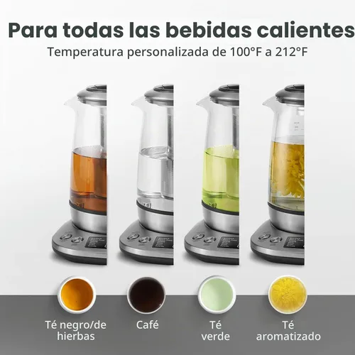 Vista 3 de Mecity Tetera eléctrica de vidrio de borosilicato con control de temperatura e infusor - Pantalla LCD y programas de preparación preestablecidos