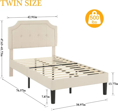 Vista 2 de VECELO - Base de cama tapizada con plataforma individual con cabecera ajustable de panel cosido con botones, fuerte soporte de listones de madera