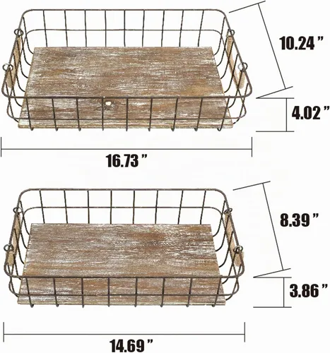 Vista 4 de Stonebriar Juego de 2 cestas rectangulares apilables de alambre de metal y madera con asas envueltas en cuerda, decoración rústica