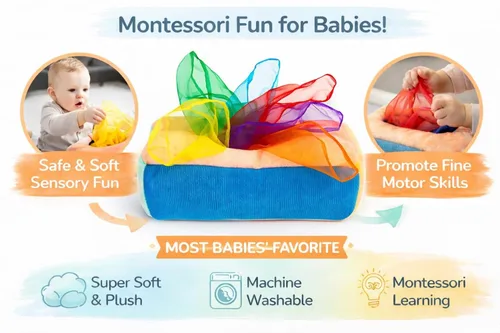 Vista 5 de Caja de pañuelos para bebé, juego Montessori para bebés y niños pequeños, caja texturizada sensorial con 12 bufandas coloridas a juego y 3 piezas