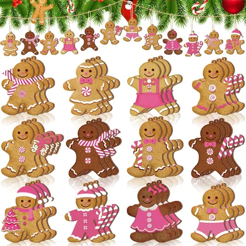 Vista 9 de Ferraycle 36 adornos navideños de pan de jengibre, decoraciones de árbol de Navidad, decoraciones de 3 pulgadas, adornos colgantes de madera