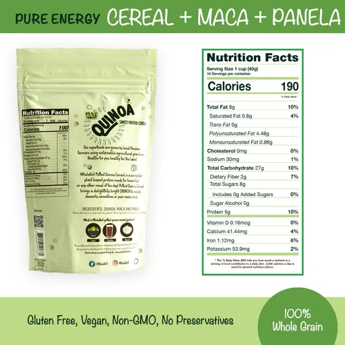 Vista 2 de Cereal de quinua dulce inflado - Solo 3 ingredientes: Quinua, Maca y Panela [11 oz] Vegano - Sin OGM - Sin gluten - Más energía - Más concentración