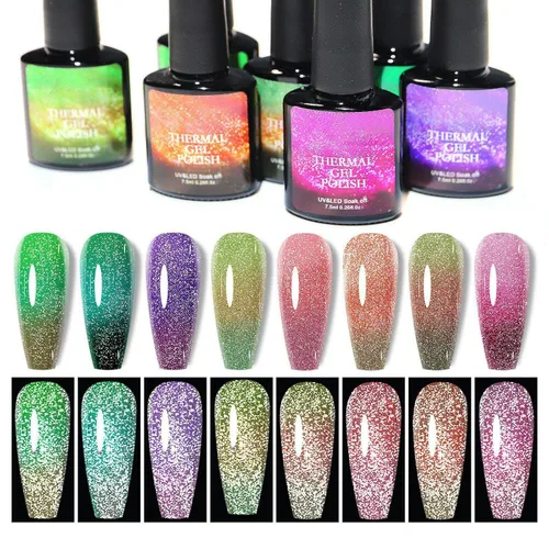 Vista 7 de Esmalte de uñas de gel que cambia de color de temperatura, esmalte de gel con purpurina, diseño holográfico de camaleón, diseño de arte de uñas