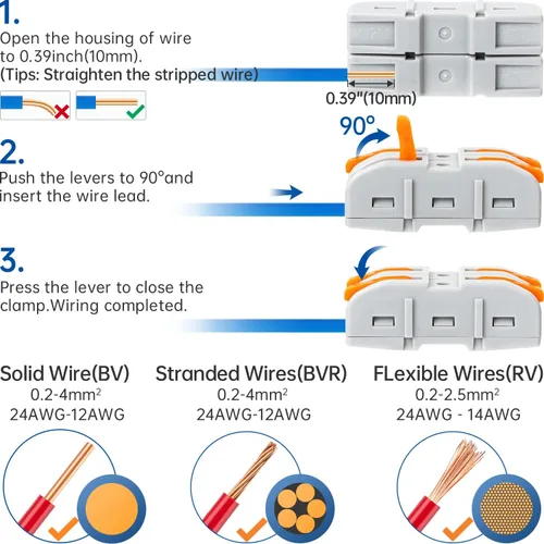 Vista 5 de 50 conectores de cable de palanca, 1 conductor compacto de empalme para circuito en línea 24-12 AWG (naranja)