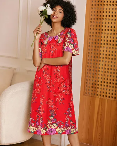 Vista 4 de Ekouaer Vestidos de casa para mujer con bolsillos Mumu Duster de manga corta camisón de tumbona impreso vestido de patio S-XXXL
