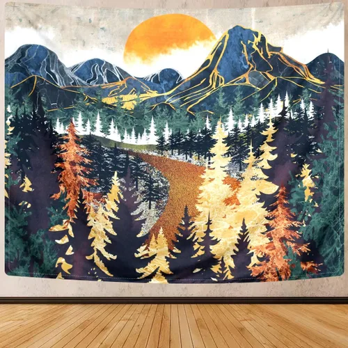 Vista 2 de SENYYI Tapiz colgante de pared de montaña, arte de árboles del bosque, puesta de sol, camino en la naturaleza, paisaje, decoración del hogar