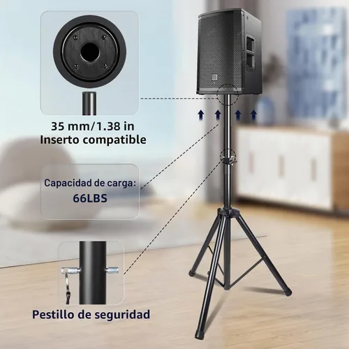 Vista 2 de Soporte de trípode para altavoces de escenario, altura ajustable de 89 a 152 cm, universal, resistente, inserto compatible de 35 mm