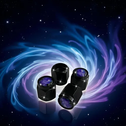 Vista 4 de Tapones de vástago de válvula de neumático de loto azul morado, 4 piezas de tapas de válvula de aire de metal negro, tapas de vástago de rueda
