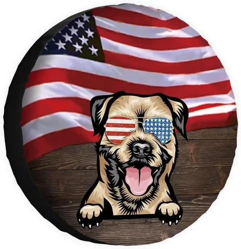 Vista 26 de Cubierta de neumático de repuesto para perro, Basset Hound con gafas de sol, con bandera de Estados Unidos, fundas protectoras de ruedas a prueba