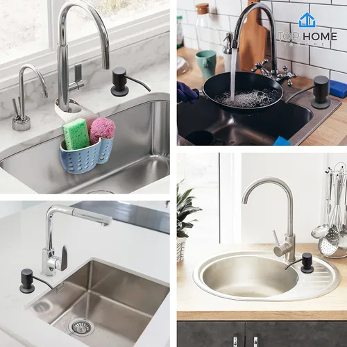 Vista 5 de Dispensador de jabón para fregadero de cocina, bomba de acero inoxidable mate negro para encimera, botella grande con repuesto superior