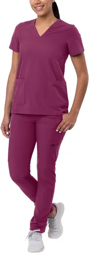 Vista 20 de Adar Addition Go-Basic - Conjunto de uniforme quirúrgico para mujer con blusa de cuello en V y pantalones cargo ajustados Rosa suave