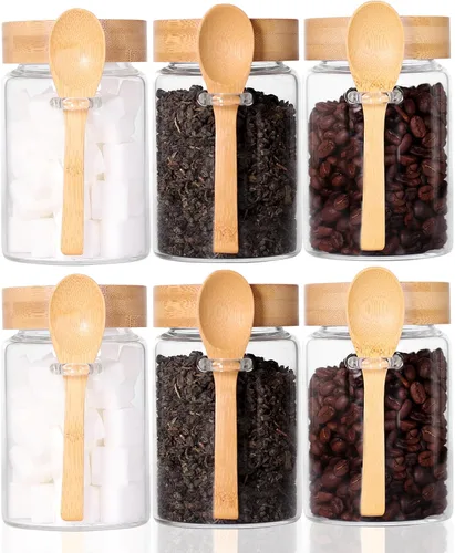 Vista 10 de Tarro de vidrio con tapa y cuchara de bambú, paquete de 8 recipientes de té de 10 onzas para té de hojas sueltas, recipientes de sal y azúcar