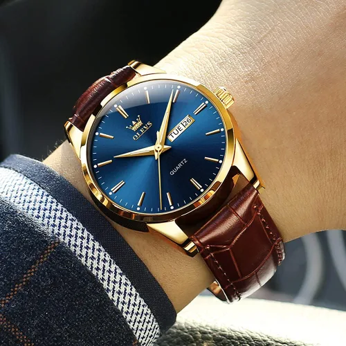 Vista 6 de OLEVS Reloj para hombres cronógrafo marrón cuero oro caso analógico cuarzo moda negocios vestido grande hombres reloj día fecha luminoso impermeable