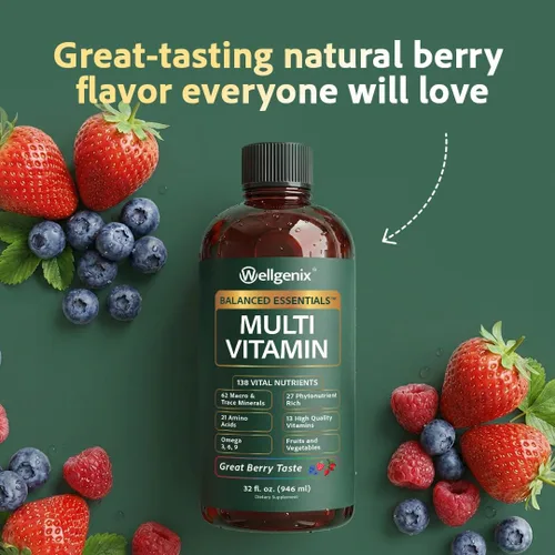 Vista 7 de Suplemento líquido nutricional Balanced Essentials, 32 onzas, Very Berry, HBE, 1, 1 138 nutrients per serving in a smooth berry liquid: vitamins