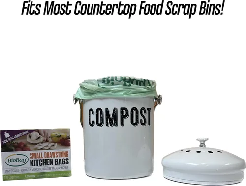 Vista 3 de Bolsas de basura compostables con cordón de 1.2 galones para restos de alimentos de BioBag, 80 unidades, certificadas por BPI, cumplen
