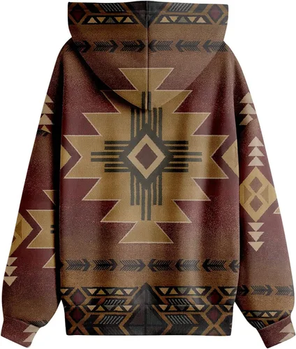 Vista 4 de Sudadera con capucha azteca para mujer, estilo étnico occidental, con estampado geométrico, cordón ajustable, casual, holgada, con bolsillos, Oro