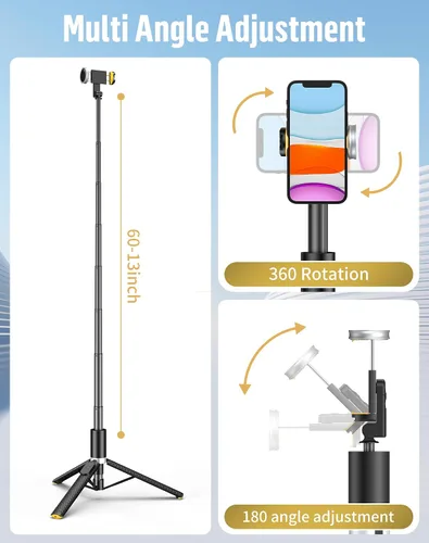 Vista 3 de Trípode para selfie para teléfono: soporte para teléfono para grabación, Bluetooth Selfie Stick para iPhone compatible con Android