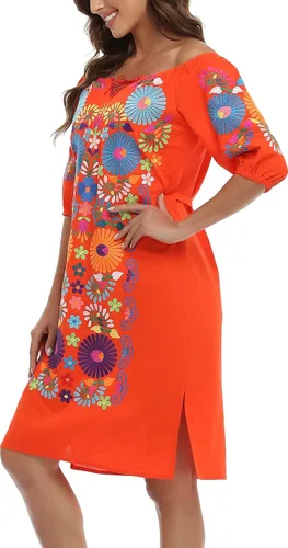 Vista 3 de YZXDORWJ Vestido bordado mexicano de manga corta para mujer