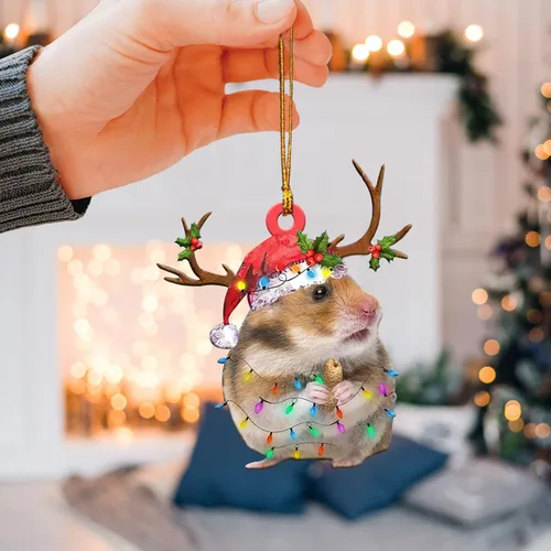 Vista 3 de Talataca Hámster con sombrero de Navidad, reno con cadena de luces 2D plano para espejo retrovisor para automóvil, accesorios para el árbol