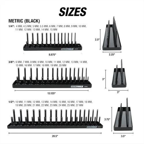 Vista 4 de OEMTOOLS 22418 Juego de organizador de zócalos, juego de 6 piezas que incluye bandejas métricas SAE de 1/4", 3/8", 1/2", organizador de caja