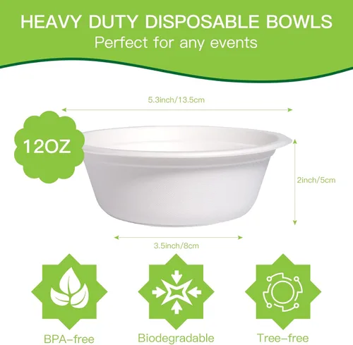 Vista 2 de 150 cuencos de caña de azúcar ecológicos – Cuencos de papel desechables resistentes de 12 onzas – 100% compostables y biodegradables para alimentos