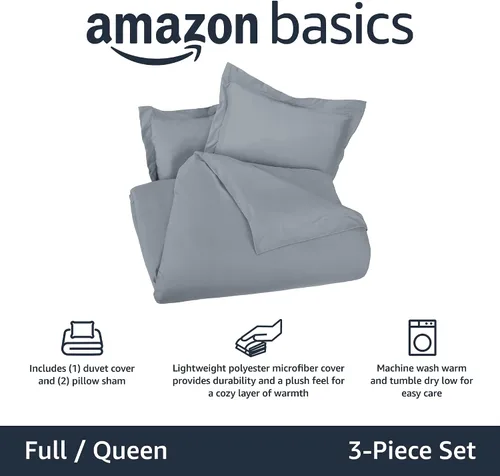 Vista 2 de Amazon Basics - Juego de funda de edredón de microfibra ligera de 3 piezas, con cierre de botones a presión, matrimonial/queen, unicolor, gris