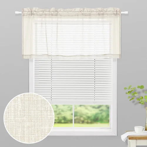 Vista 3 de KOUFALL Vallas de Cocina para Ventanas, Vallas de Lino Translúcidas de Estilo Granja para la Sala de Estar, Beige