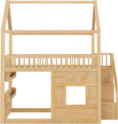 Vista 5 de Cama de casa de tamaño matrimonial con luz LED integrada y barandillas de seguridad, marco de cama de madera con escalera resistente para niños