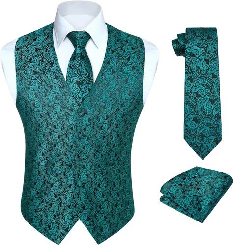 Vista 15 de HISDERN Conjunto de 3 piezas de chaleco formal para hombre, chaleco formal de cachemira floral jacquard corbata bolsillo cuadrado chalecos