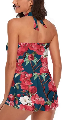 Vista 2 de Traje de baño tankini halter de dos piezas para mujer, con control de abdomen, cuello en V, con pantalones cortos