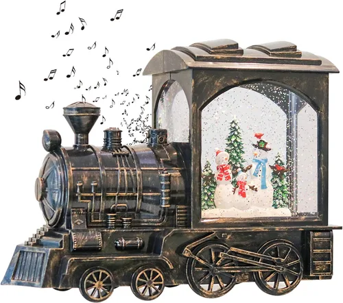 Vista 8 de GenSwin Linterna de globo de nieve con tren iluminado con música, nieve de agua, brillante, funciona con pilas, con temporizador, decoración musical