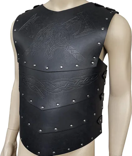 Vista 5 de HiiFeuer Armadura vikinga de piel sintética en relieve, armadura de cuero retro medieval caballero para LARPCosplay
